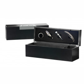 Product: Wine Accessories Gift Set in Black Wooden Box with Metal Plate
