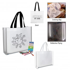 Product: REFLECTIVE NON-WOVEN COLORING TOTE BAG WITH CRAYONS