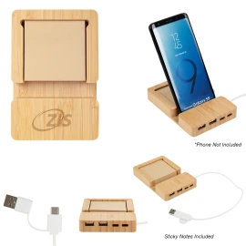 Product: BAMBOO MULTI-PORT HUB WITH PHONE HOLDER & STICKY NOTES