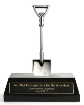 Product: 7" Pewter Cast Shovel affixed to a Black Resin Cast Base