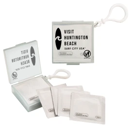 Product: Individual Wet Wipes in Square Plastic Container & Carabiner