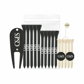 Product: 5, 2 1/8" Tees, 5, 2 3/4" Tees, 5, 3 1/4" Tees, 2 Ballmarkers & 1 Plastic Divot tool