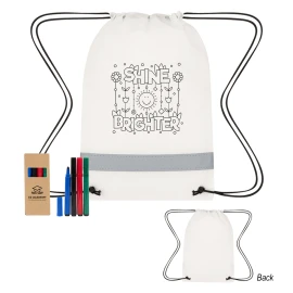 Product: Lil' Bit Reflective Non-Woven Coloring Drawstring Bag With 4-Piece Washable Marker Set