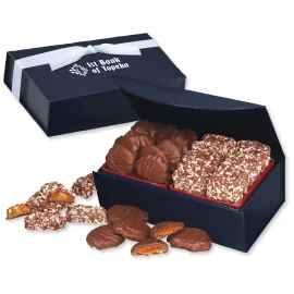 Product: Navy Magnetic Closure Box w/English Butter Toffee & Caramel Pecan Clusters