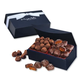 Product: Chocolate Sea Salt Caramels & Cocoa Dusted Truffles in Navy Magnetic Closure Box