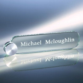Product: Jade Glass Elliptical Name Plate With Brushed Silver Stand