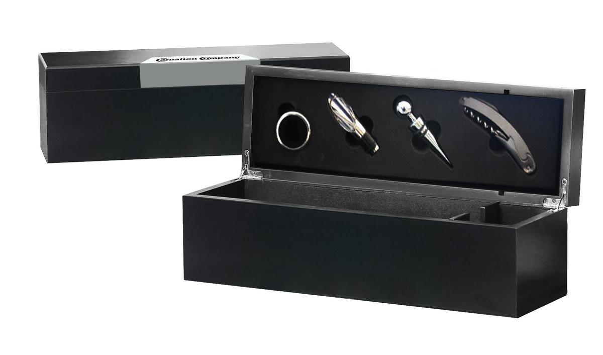Wine Accessories Gift Set in Black Wooden Box with Metal Plate