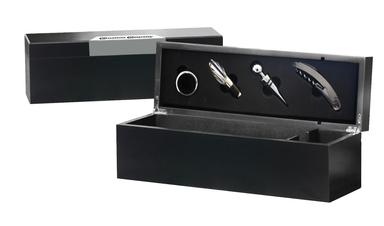 Wine Accessories Gift Set in Black Wooden Box with Metal Plate