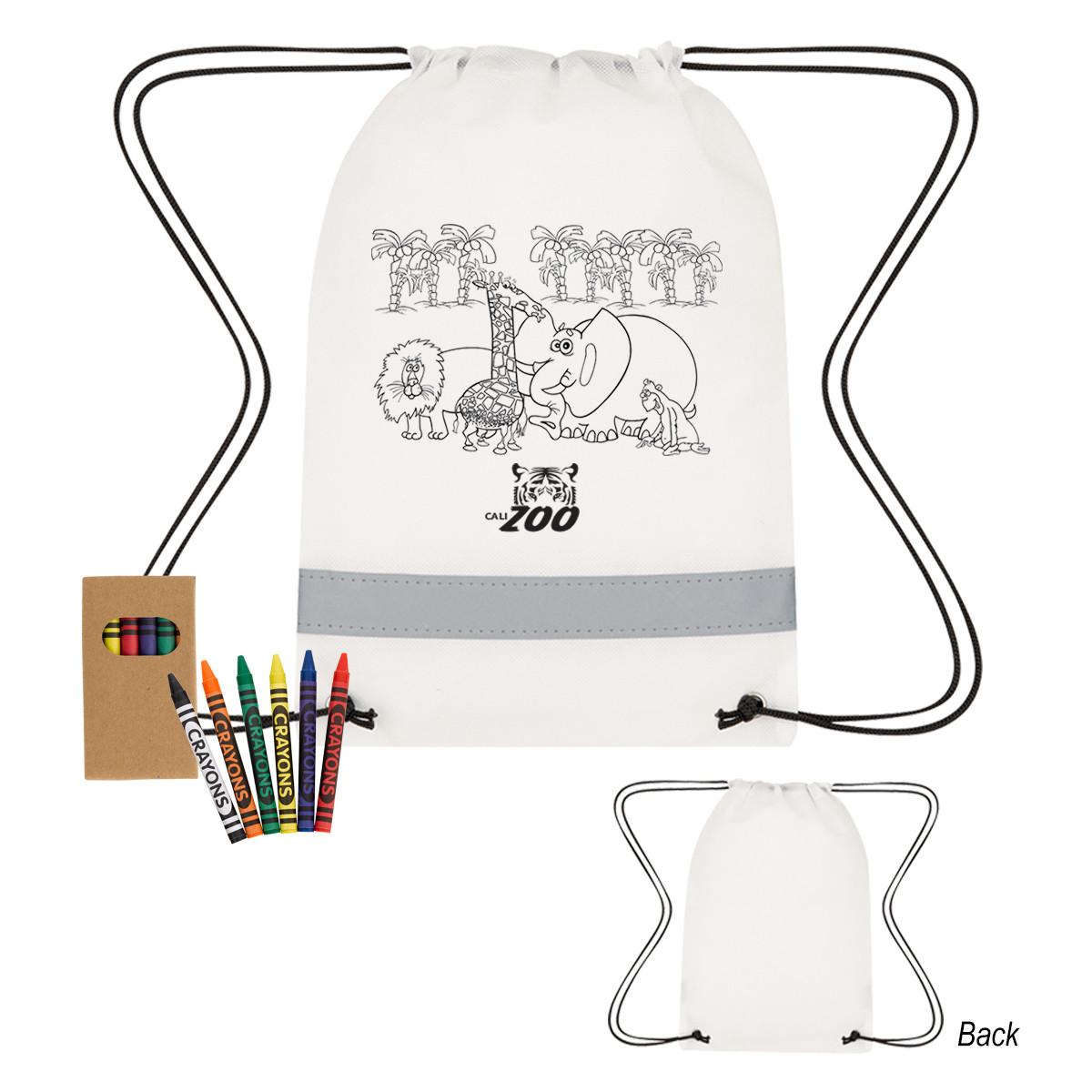 LIL' BIT REFLECTIVE NON-WOVEN COLORING DRAWSTRING BAG WITH CRAYONS