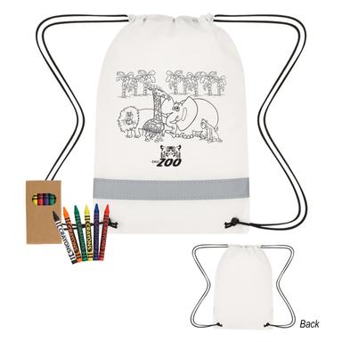 LIL' BIT REFLECTIVE NON-WOVEN COLORING DRAWSTRING BAG WITH CRAYONS