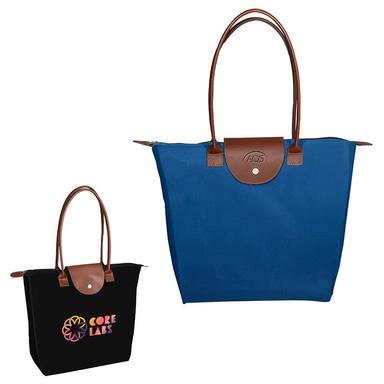 FOLDING TOTE WITH LEATHER FLAP CLOSURE