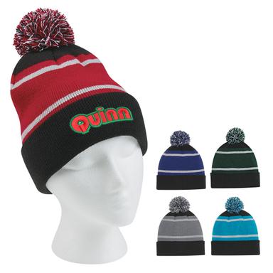 TRI-TONE STRIPED POM BEANIE WITH CUFF