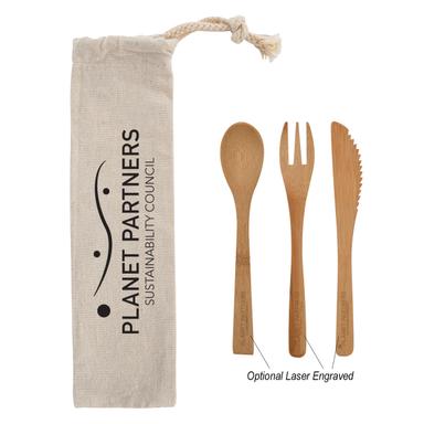 3 PIECE BAMBOO UTENSIL SET IN TRAVEL POUCH