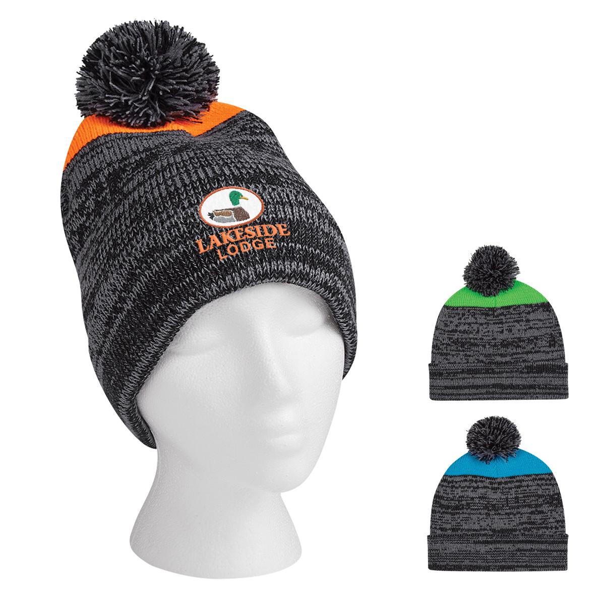 KNIT HEATHERED POM BEANIE WITH CUFF