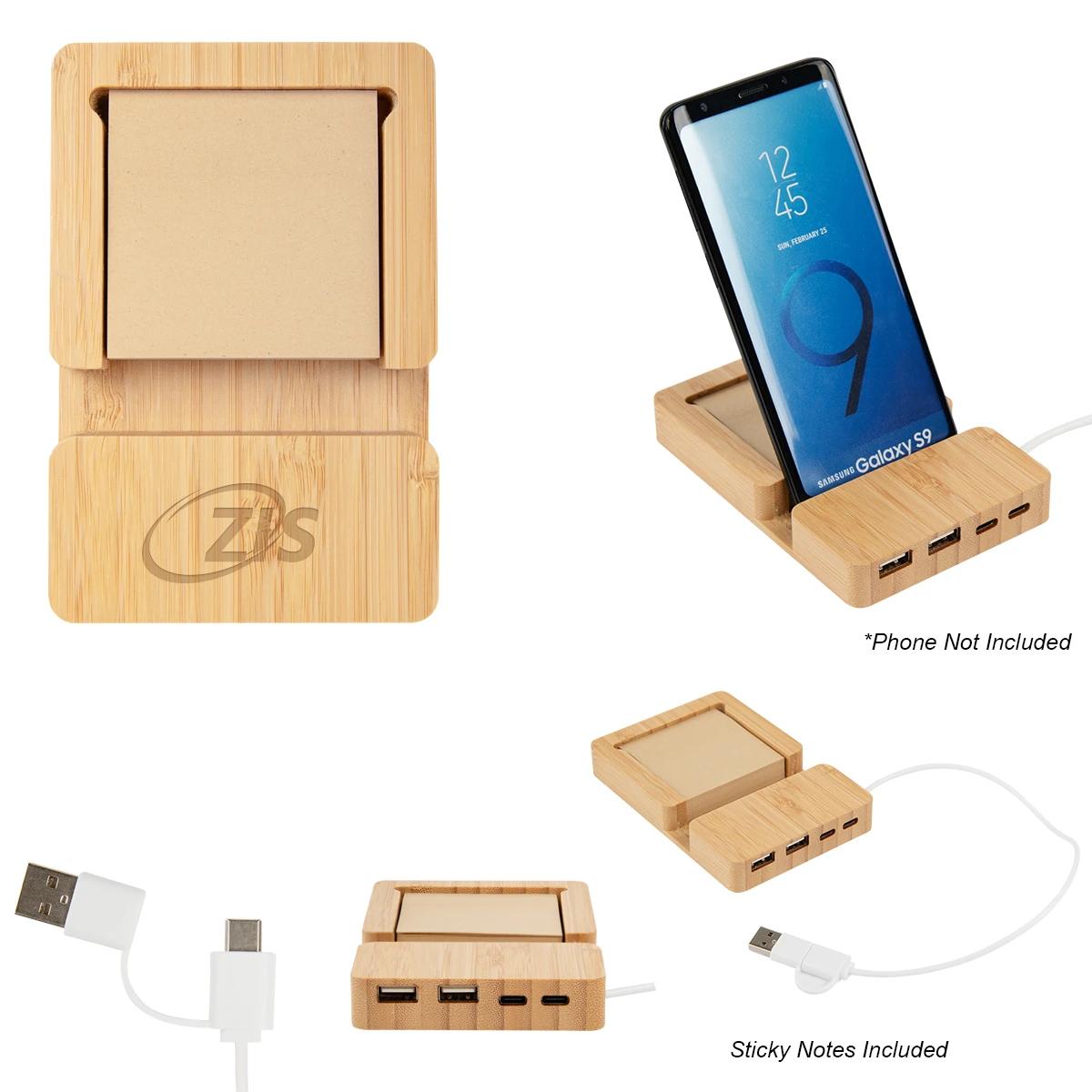 BAMBOO MULTI-PORT HUB WITH PHONE HOLDER & STICKY NOTES
