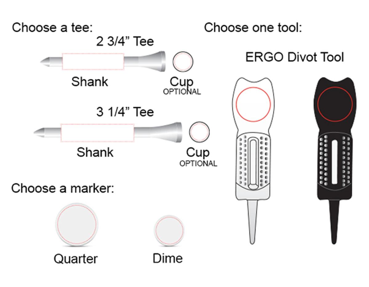 Golf Tee pack w/5 Tees, 1 Ball Marker, 1 Ergo Green Divot Tool