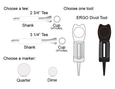 Golf Tee pack w/5 Tees, 1 Ball Marker, 1 Ergo Green Divot Tool