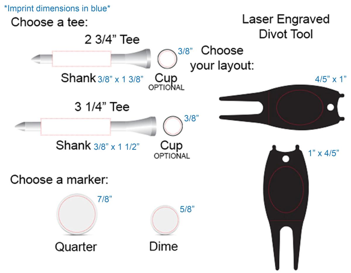 Tee packs with 15 tees, 2 Ballmarkers, 1 Aluminum Divot Tool