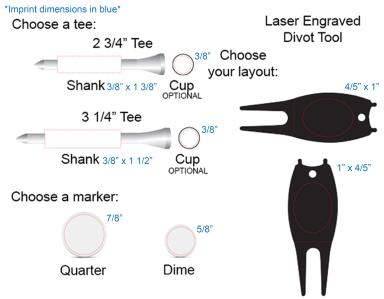 Tee packs with 15 tees, 2 Ballmarkers, 1 Aluminum Divot Tool