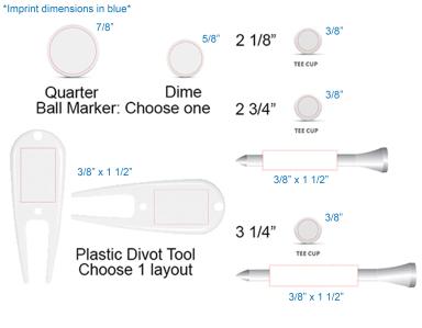 5, 2 1/8" Tees, 5, 2 3/4" Tees, 5, 3 1/4" Tees, 2 Ballmarkers & 1 Plastic Divot tool