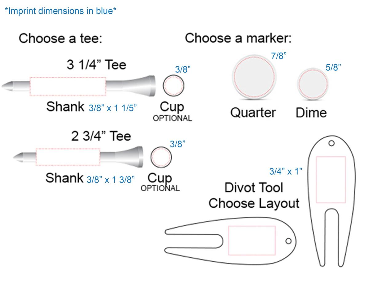 Golf Combo Pack of 5 Tees, 1 Ball Marker & 1 Divot Tool