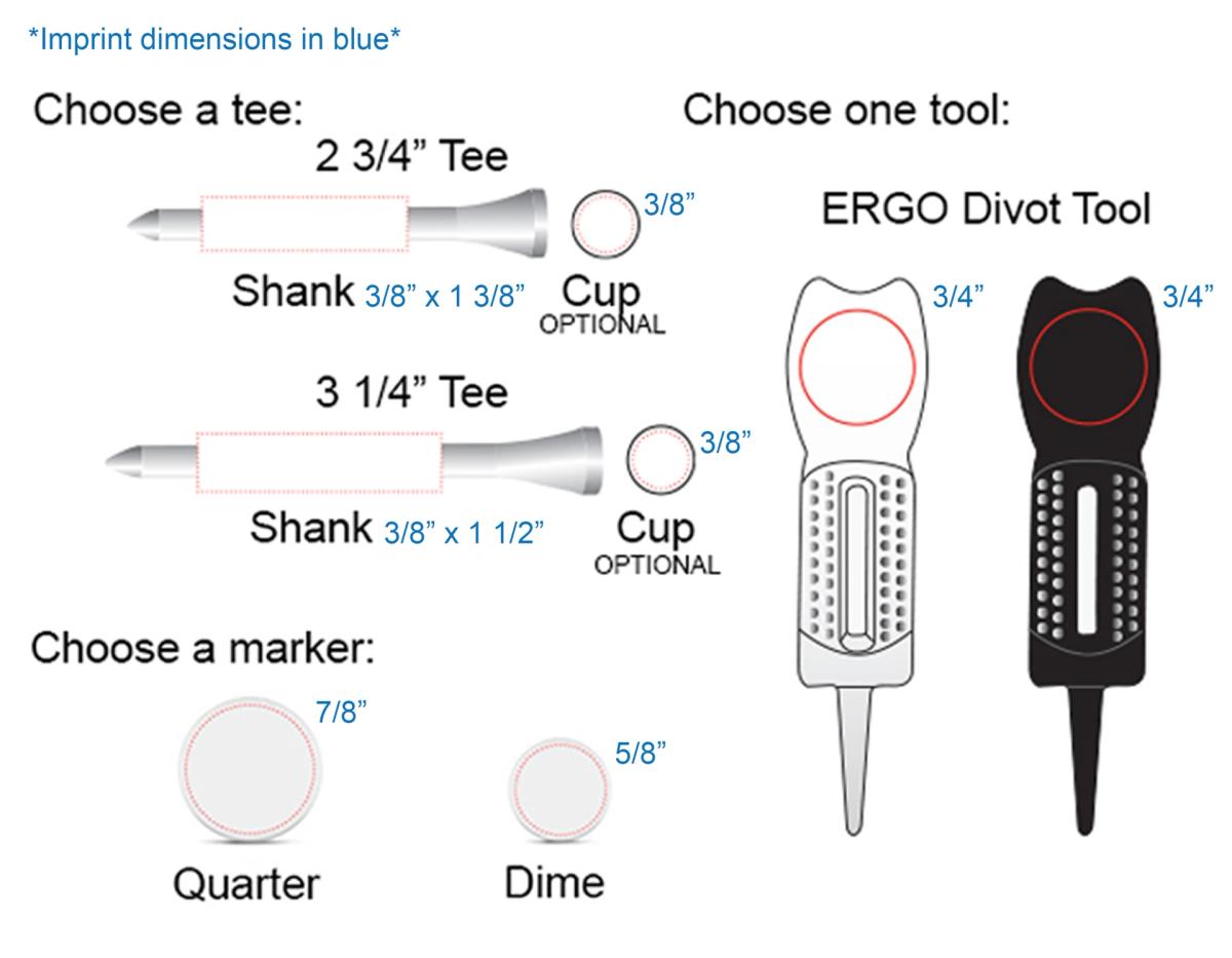 6 Tees, 2 Ball Markers and 1 Ergo Green Divot Tool
