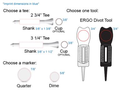 6 Tees, 2 Ball Markers and 1 Ergo Green Divot Tool