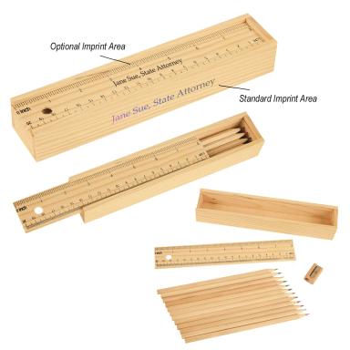 12-PIECE COLORED PENCIL SET IN WOODEN RULER BOX