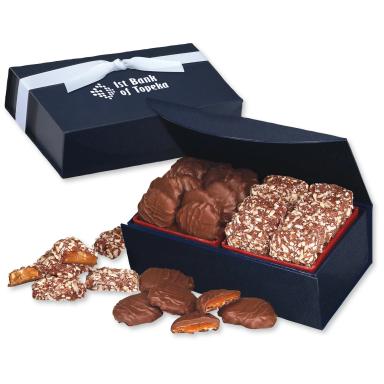 Navy Magnetic Closure Box w/English Butter Toffee & Caramel Pecan Clusters