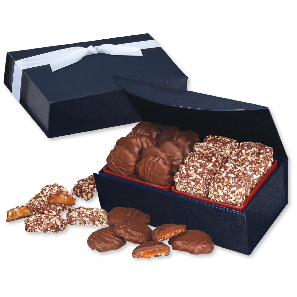 Navy Magnetic Closure Box w/English Butter Toffee & Caramel Pecan Clusters