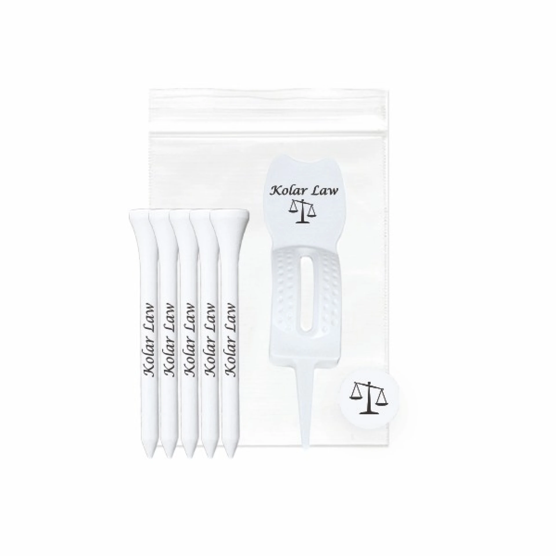 Product: Golf Tee pack w/5 Tees, 1 Ball Marker, 1 Ergo Green Divot Tool