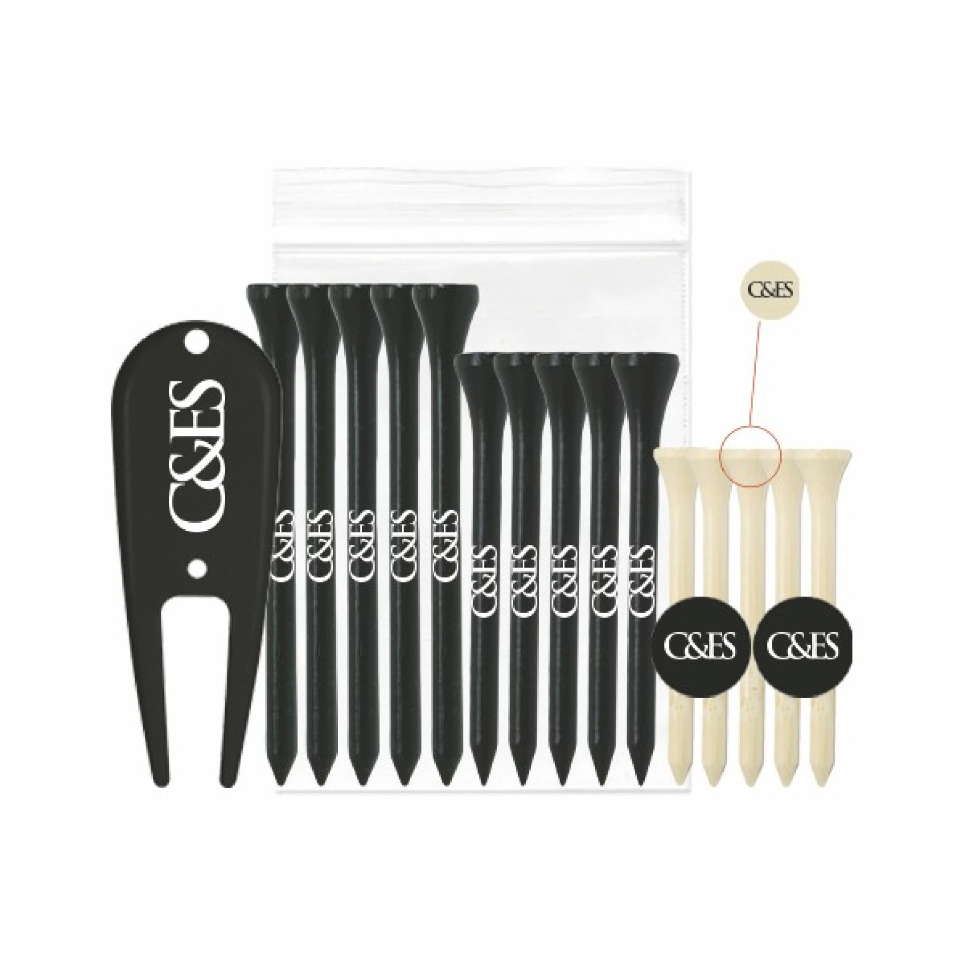 Product: 5, 2 1/8" Tees, 5, 2 3/4" Tees, 5, 3 1/4" Tees, 2 Ballmarkers & 1 Plastic Divot tool