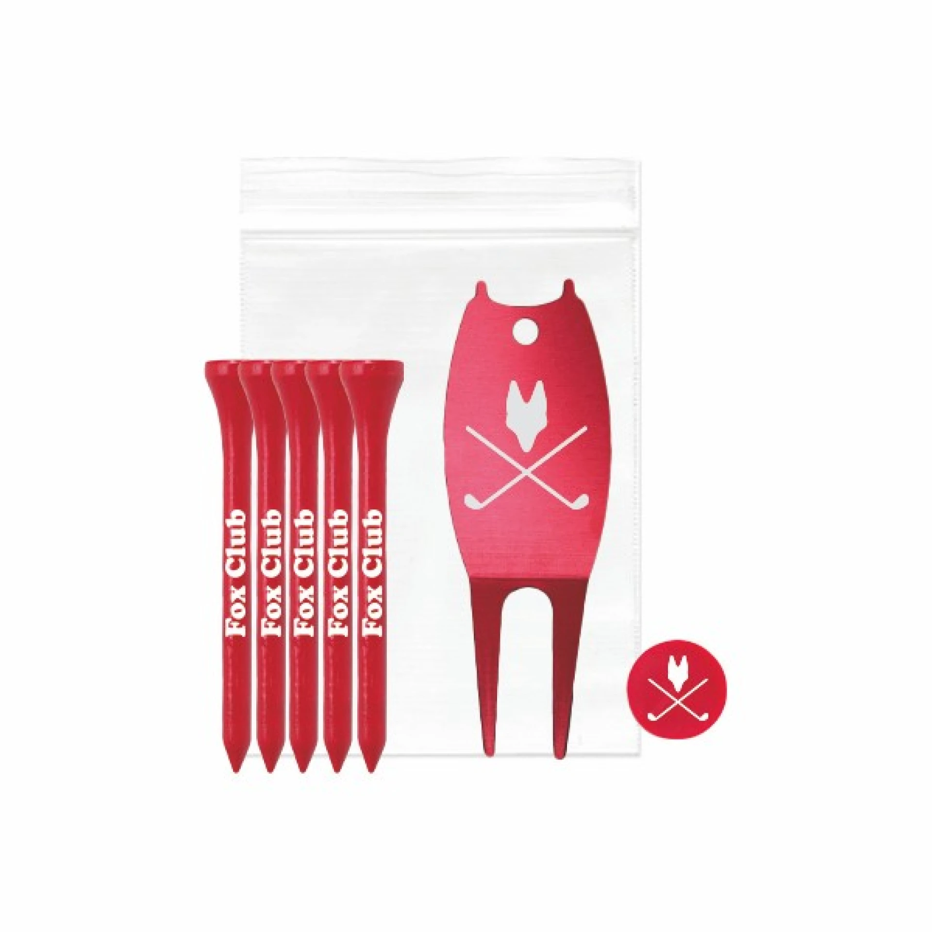 Product: Golf Tee pack w/5 Tees, 1 Ball Marker, 1 Aluminum Divot Tool