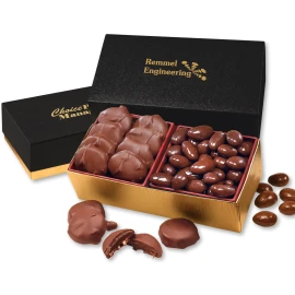 Product: Black & Gold Gift Box w/Caramel Pecan Clusters & Chocolate Almonds