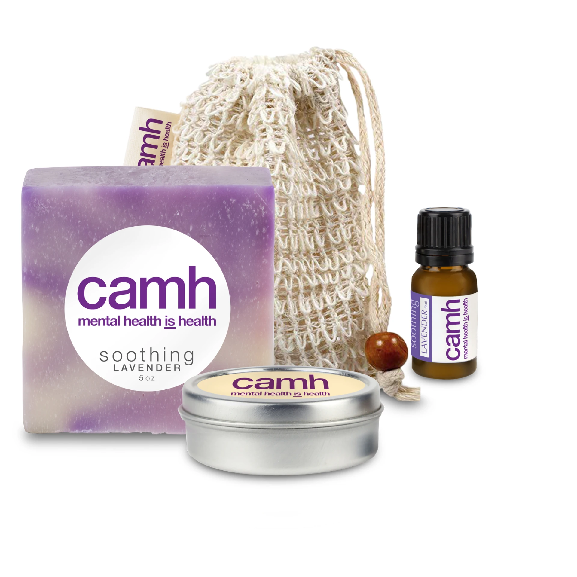 Product: Loofah Bag with Soap, Candle Tin, and Essential Oil