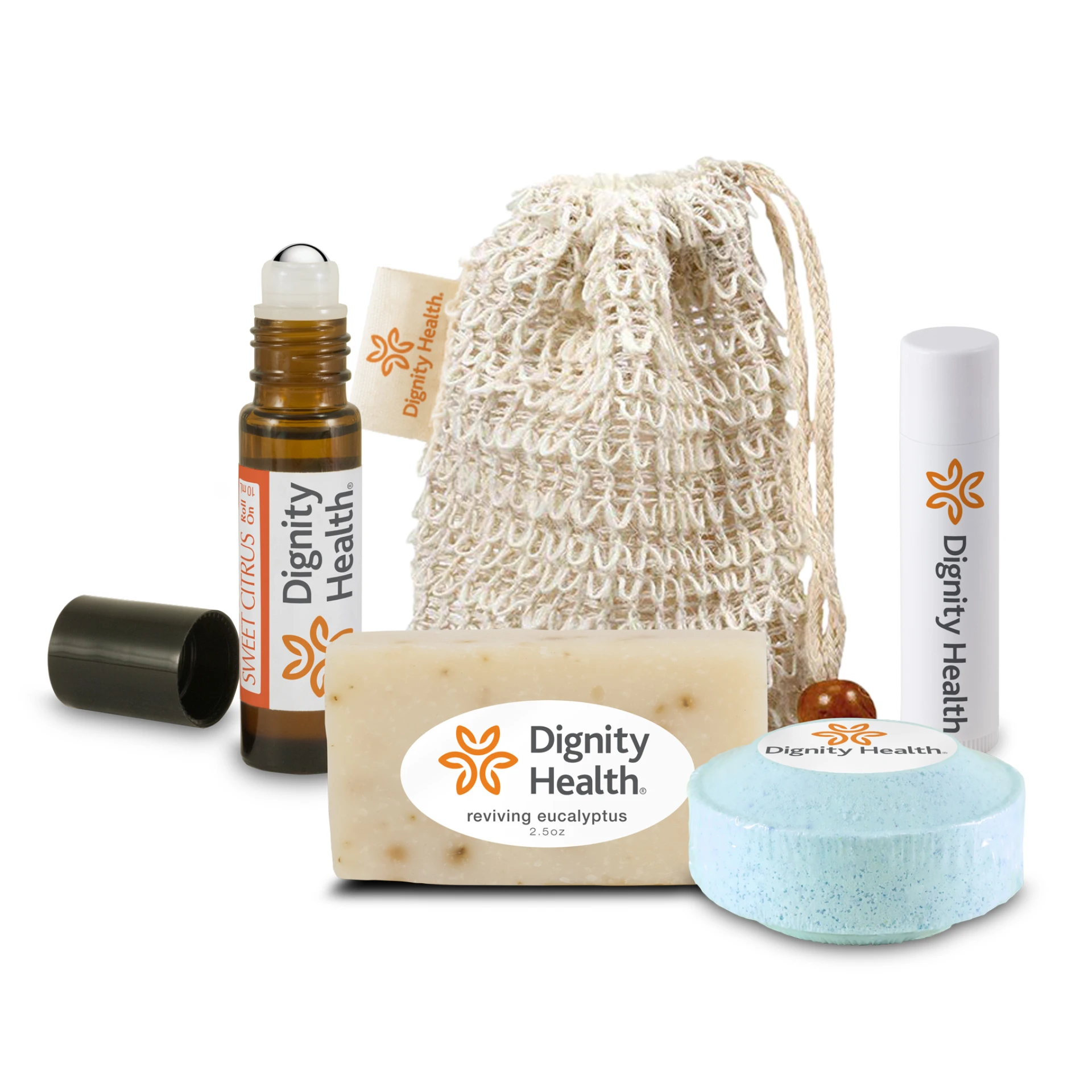 Product: Loofah Bag with Roll-on Oil, Mini Soap, Shower Steamer, and Lip Balm with Sewn-in Tag