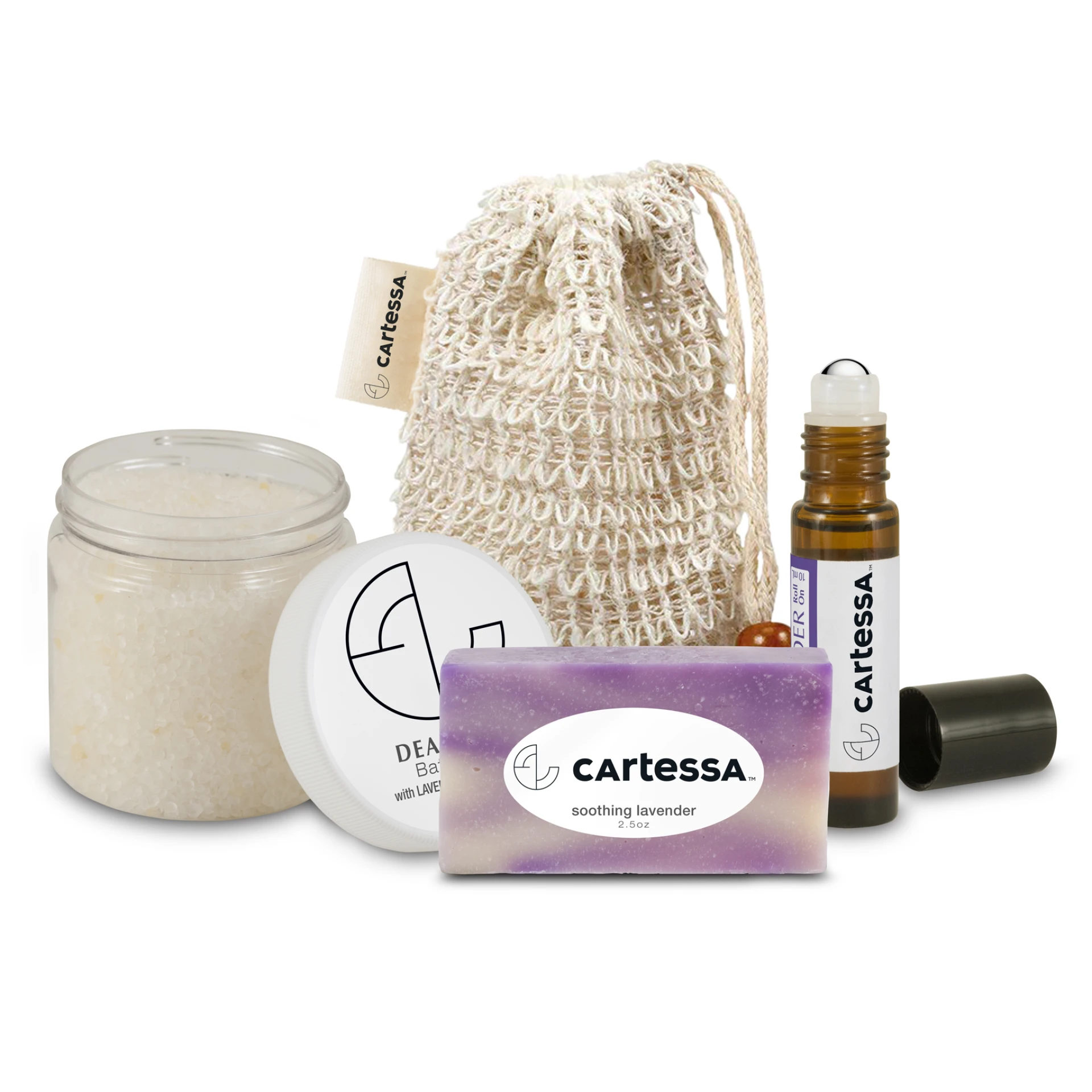 Product: Loofah Bag with Sewn-in Tag: Bath Salts, Mini Soap, and Roll-On Essential Oil