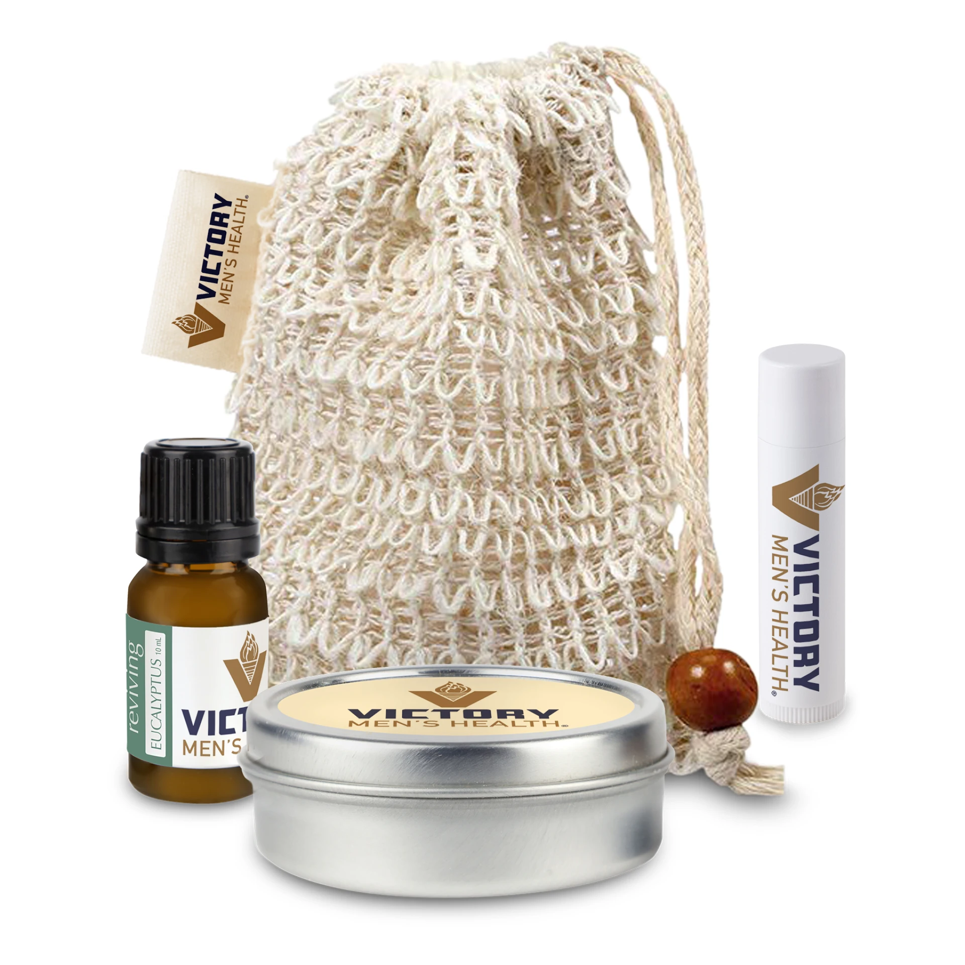 Product: Loofah Bag with Essential Oil, Candle Tin, and Lip Balm