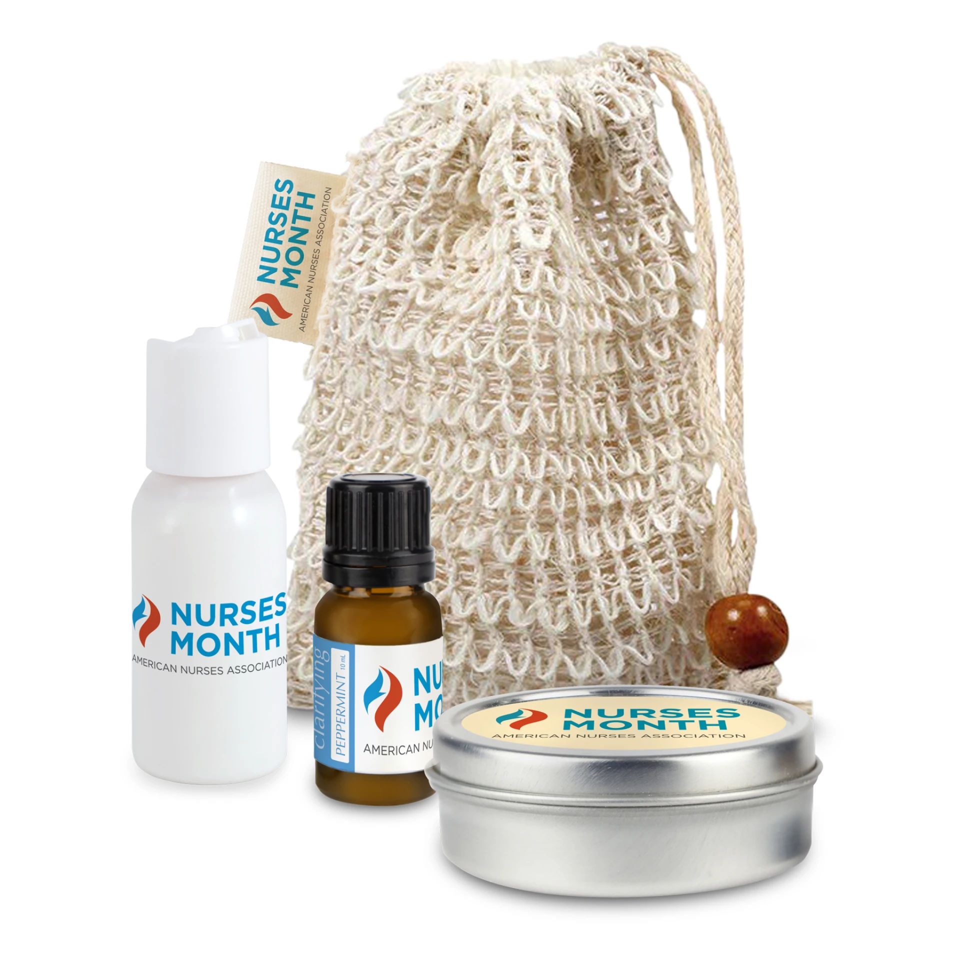 Product: Loofah Bag with Lotion, Essential Oil, and Candle Tin