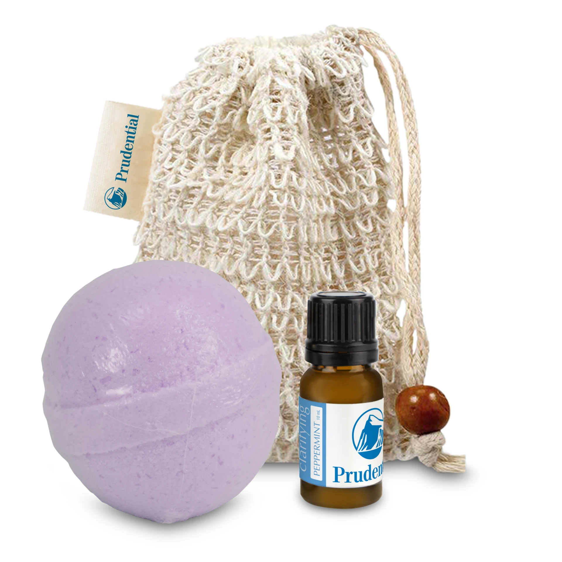 Product: Loofah Bag with Bath Bomb and Essential Oil