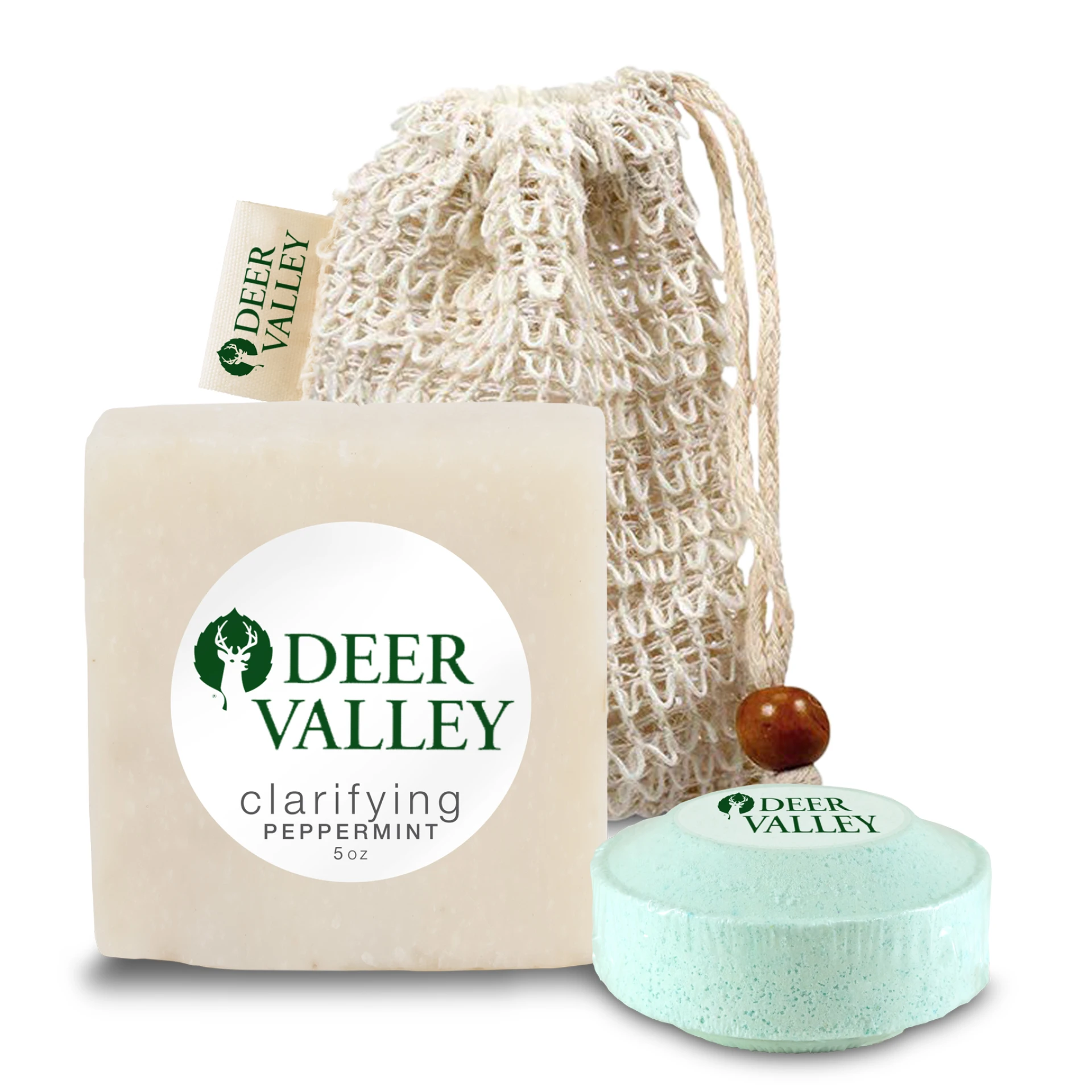 Product: Loofah Bag with Soap and Shower Steamer, with Sewn-in Tag