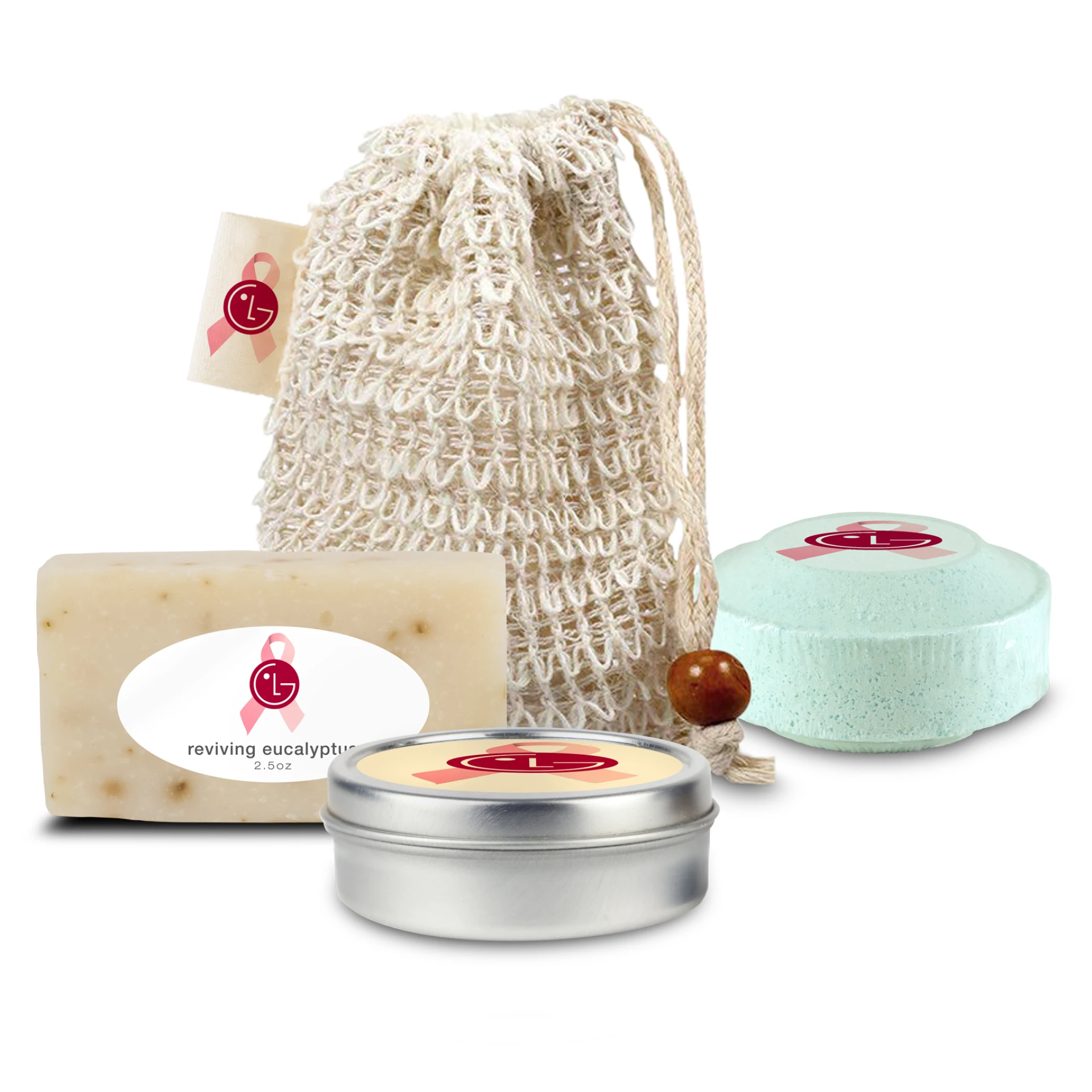 Product: Loofah Bag Self Care Set with Mini Soap, Shower Steamer, and Candle, Sewn-in Tag