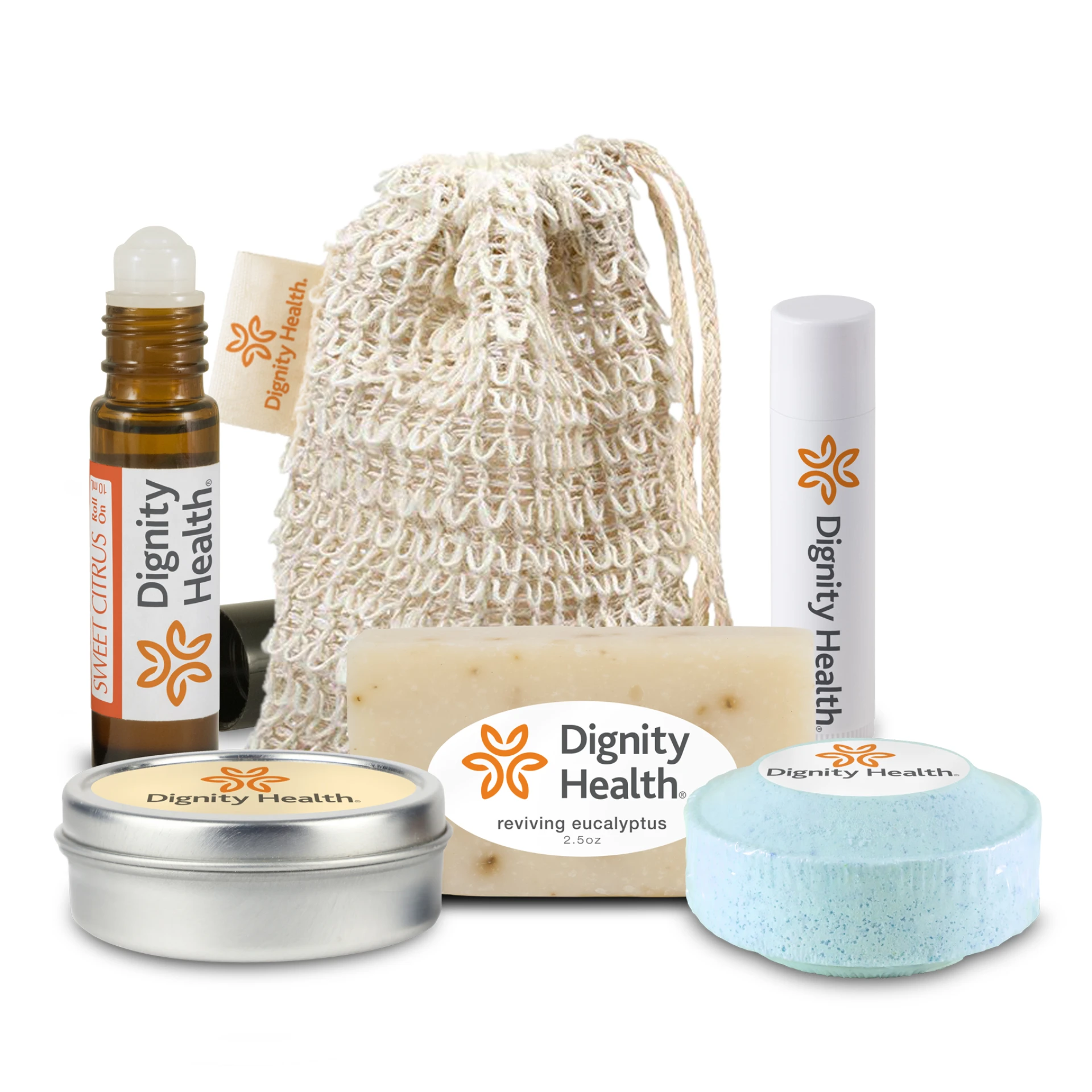 Product: Loofah Bag with Roll-on Oil, Mini Soap, Shower Steamer, Candle Tin, Lip Balm, with Sewn-in Tag