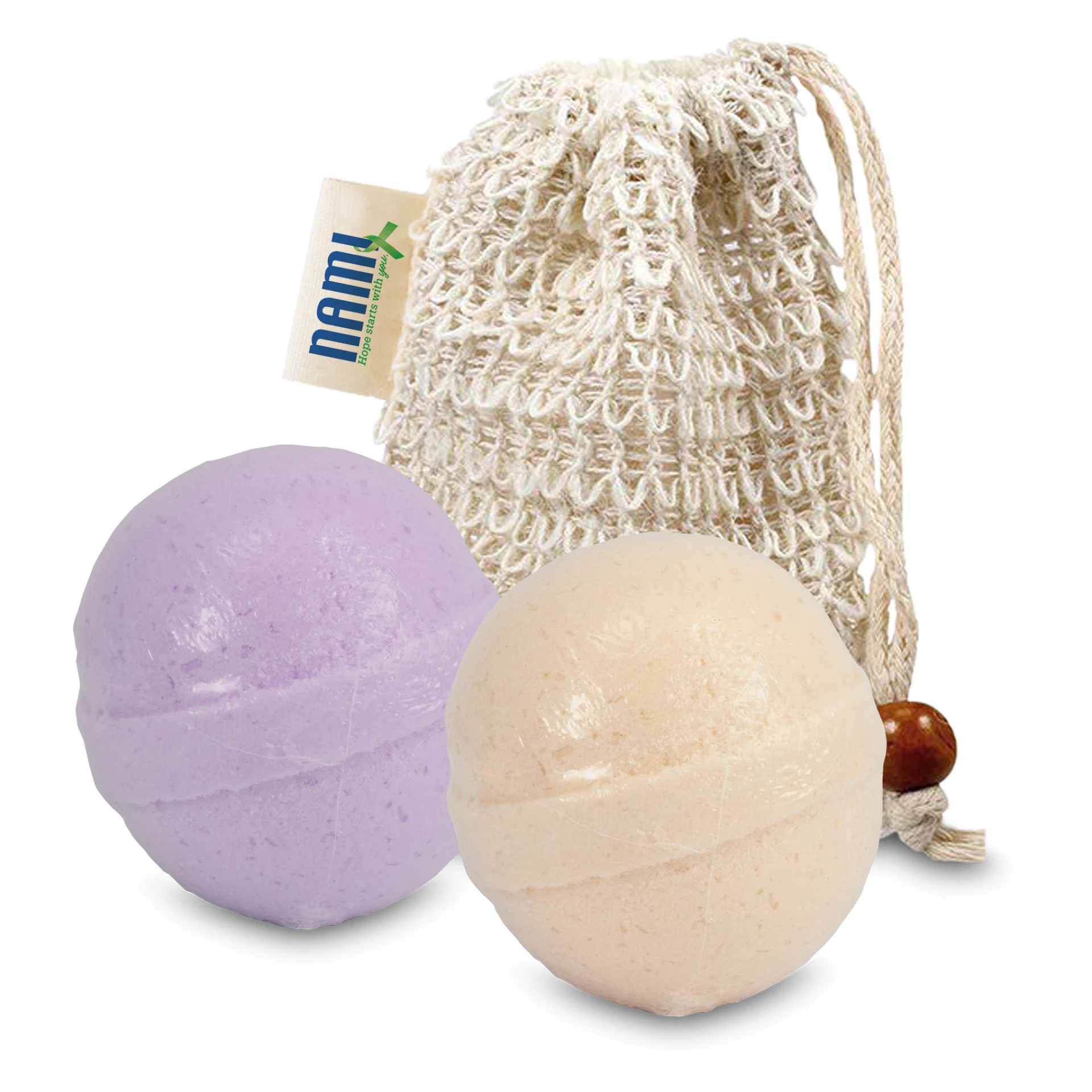 Product: Loofah Bag with 2 Bath Bombs & Sewn-in Tag
