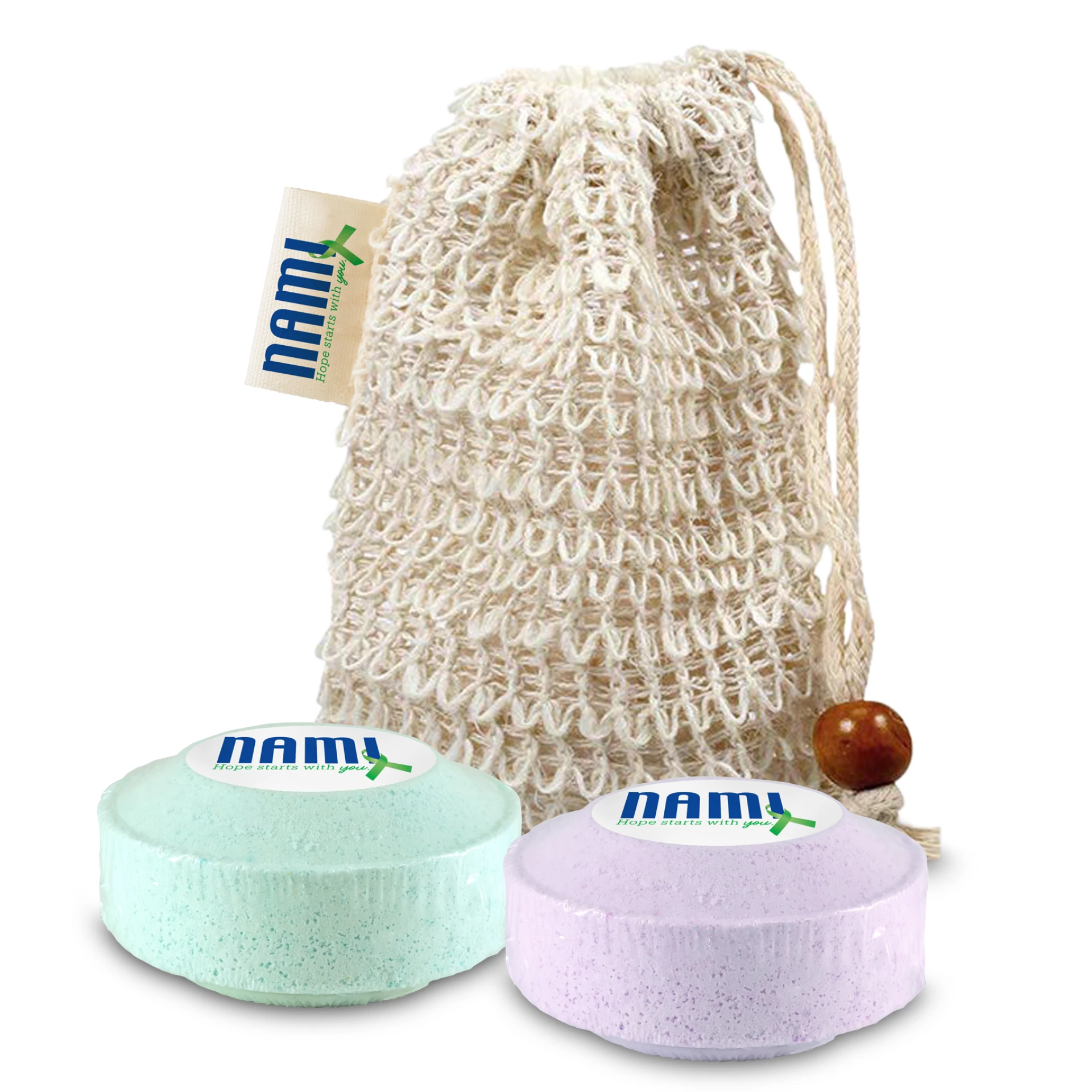 Product: Loofah Bag with 2 Shower Steamers & Sewn-in Tag
