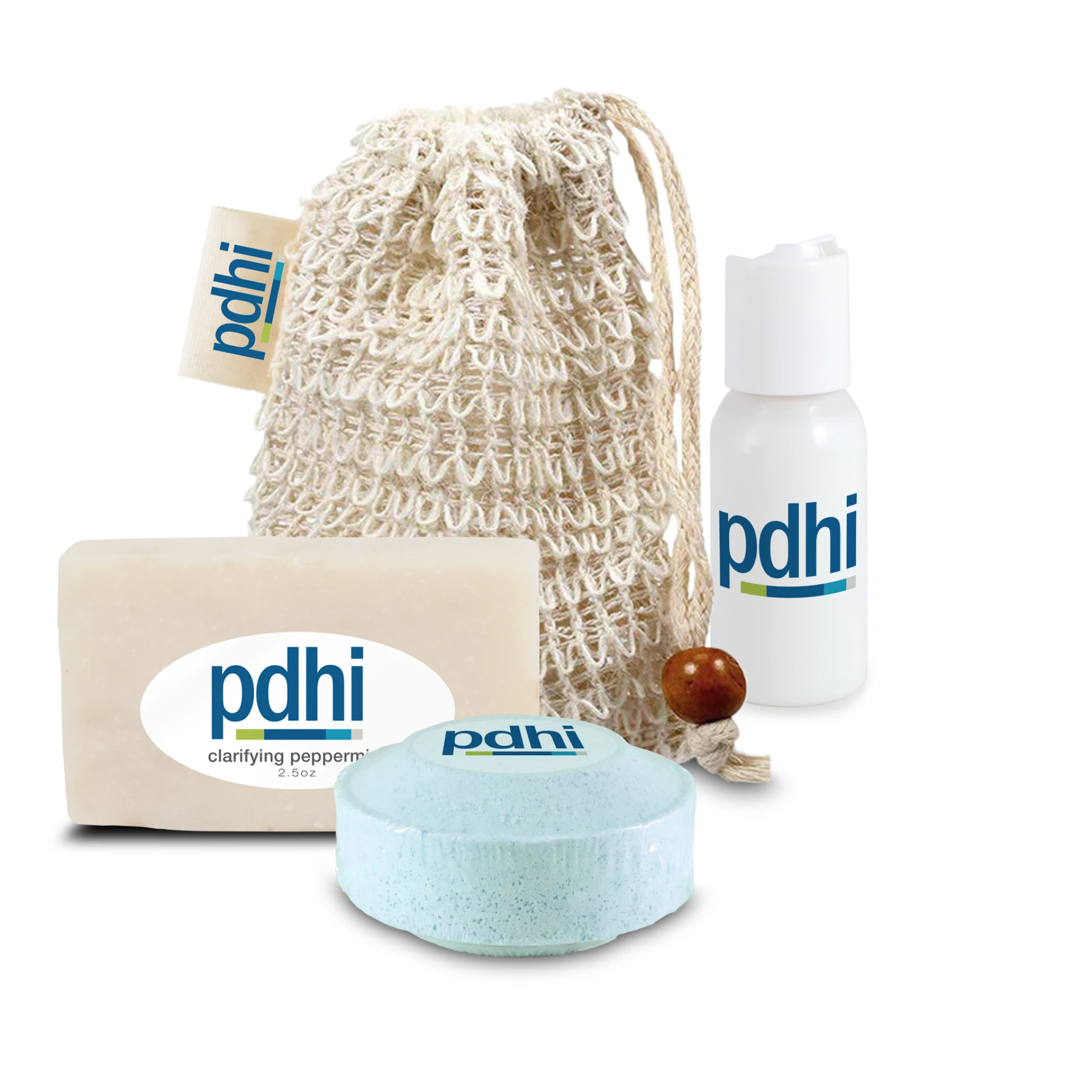 Product: Loofah Bag Self Care Set with Mini Soap, Shower Steamer, and Lotion, Sewn-in Tag