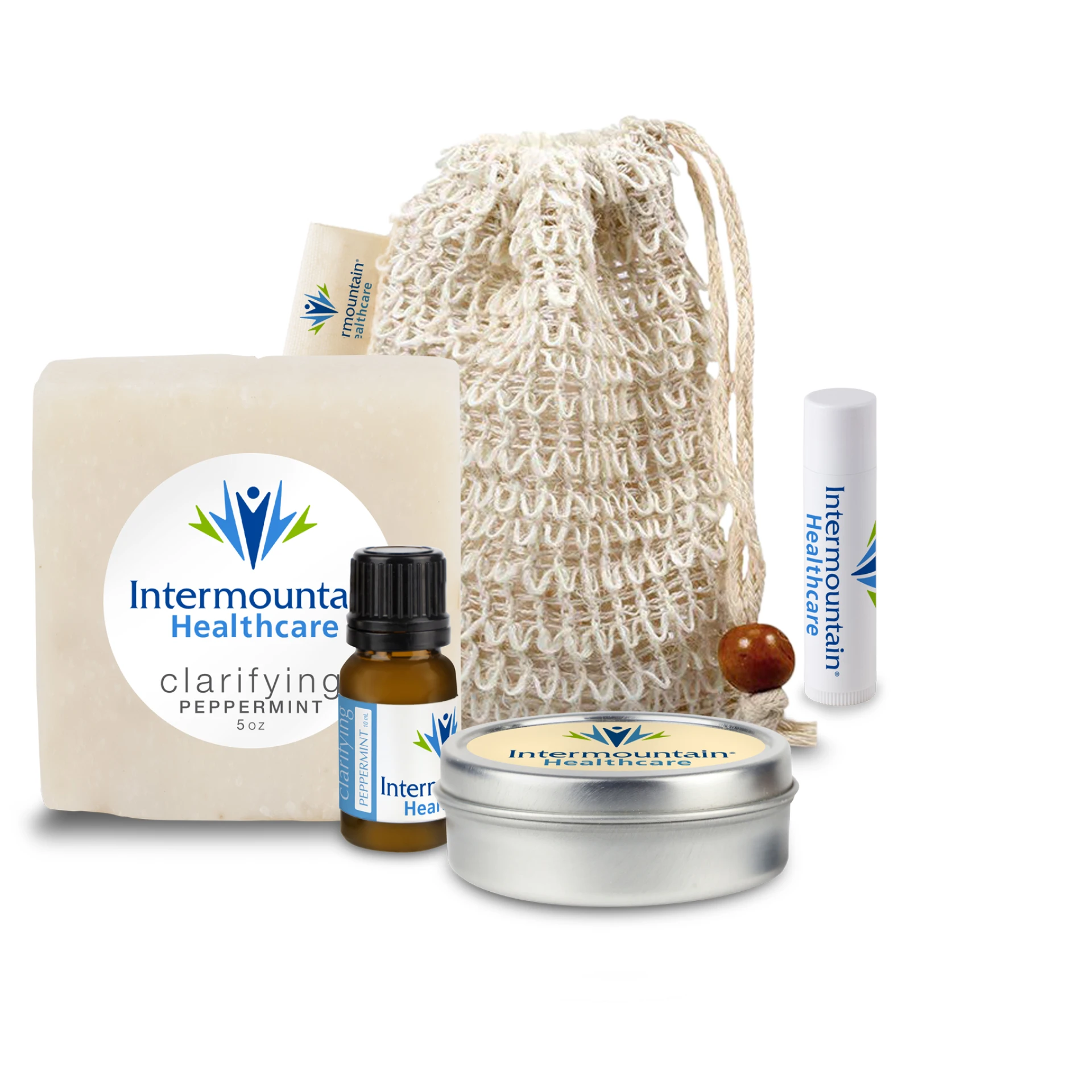 Product: Loofah Bag with Soap, Essential Oil, Candle Tin, and Lip Balm