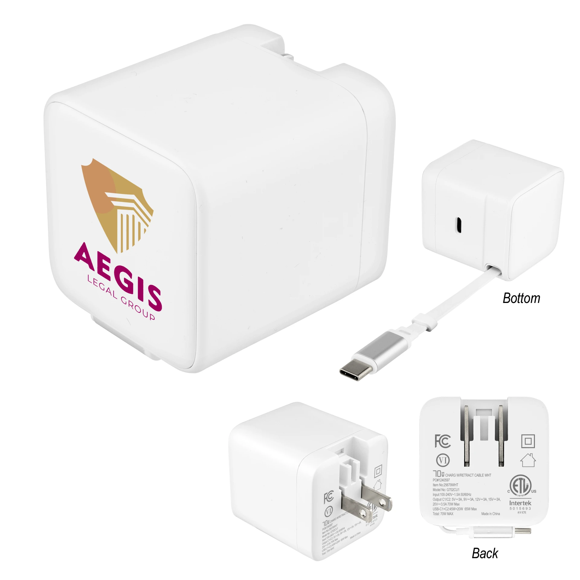 Product: 70W ETL Listed Wall Charger with Retractable Cable