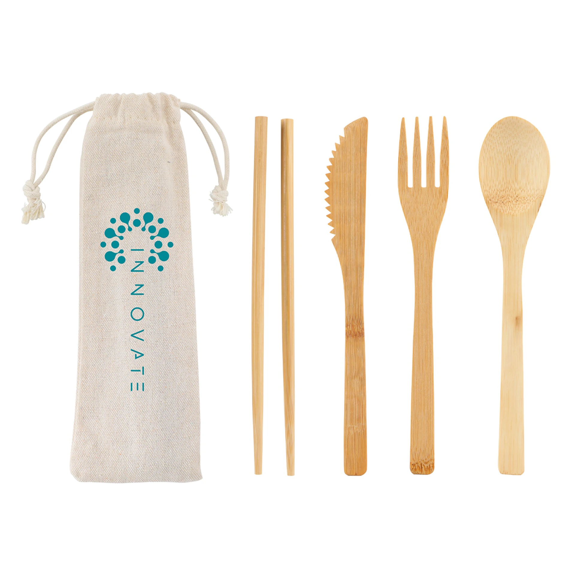 Product: Bamboo Cutlery Set In Cotton Drawstring Pouch