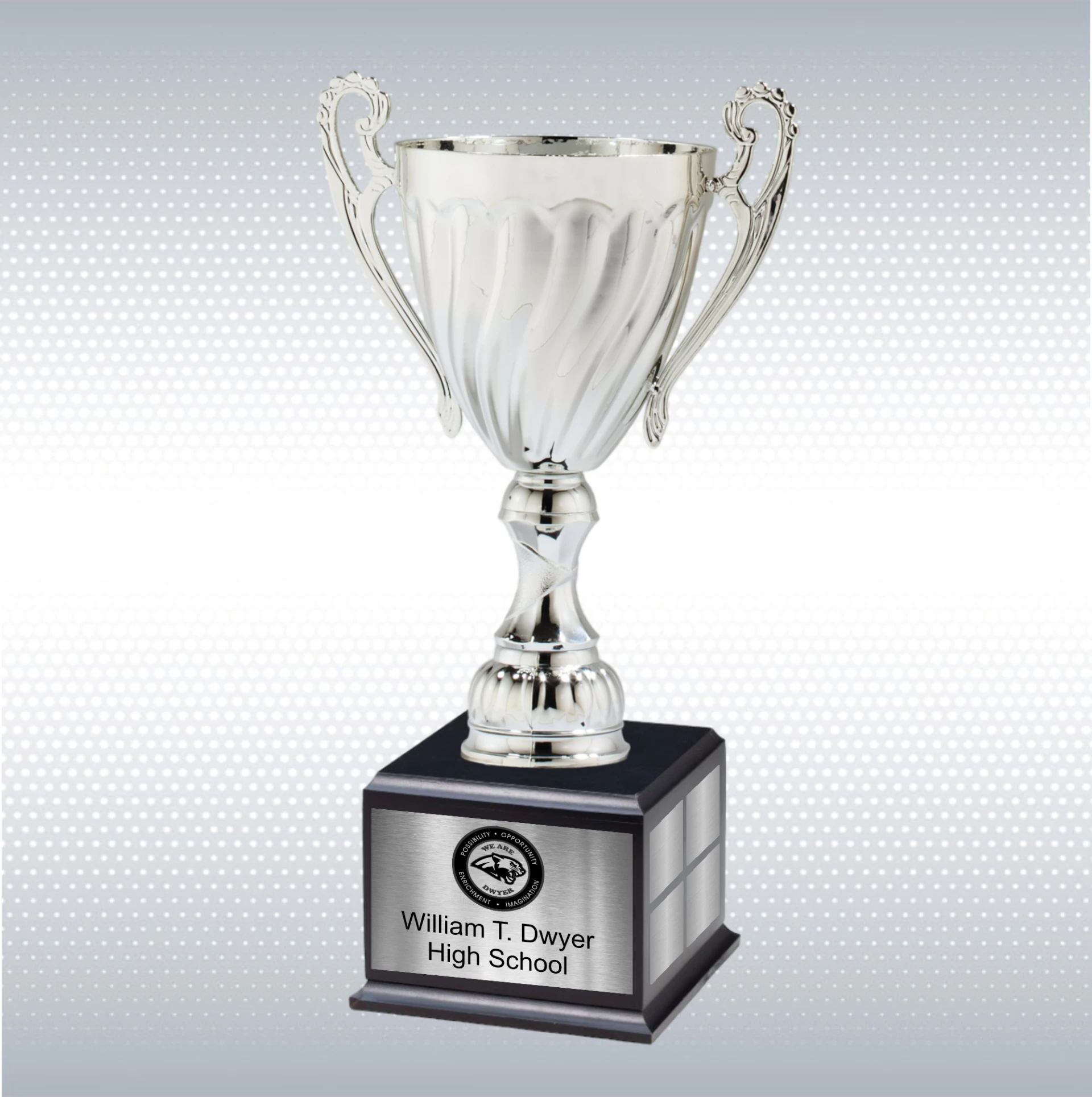 Product: 18.5" Silver Metal Cup w/Plastic Stem and Matte Black Base Perpetual Trophy